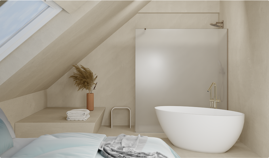 En-suite-Badezimmer unterm Dach mit freistehender Badewanne und Duschwand – X²O Badkamers